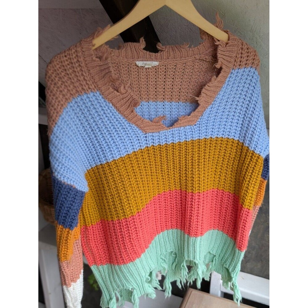 Distressed Colorblock Striped Chunky Knit Fringe Women's Fall Winter Sweater M/L